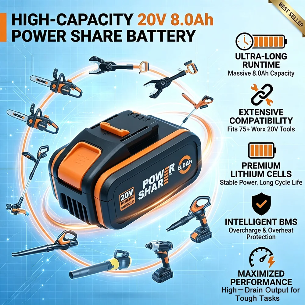 New WORX 20V 8Ah Batter100% Original   WA3553 WA3551 WX128, WX130, WX802, WG322, WG546, WG549, WG163, WG259 Power Tool Batteries