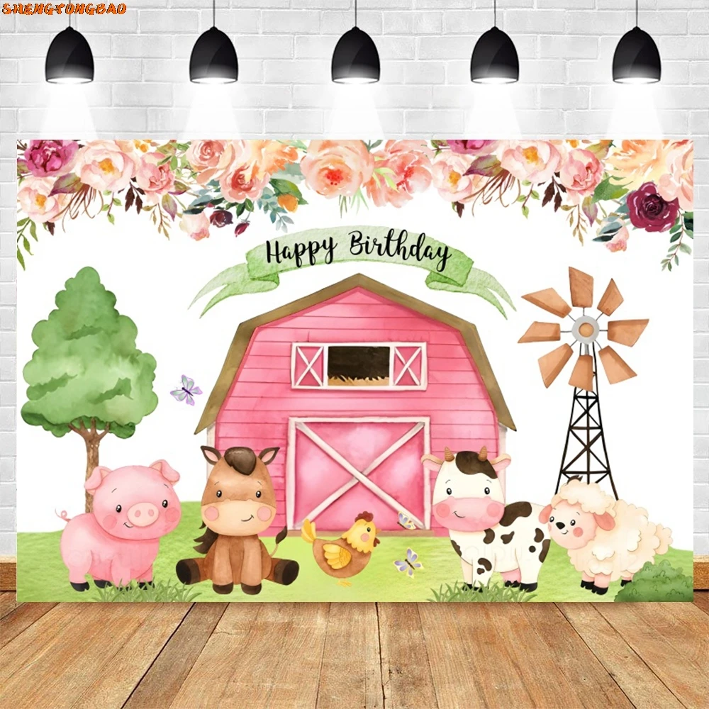 Toile de fond de photographie d'animaux de la ferme de dessin animé, fond de fleurs de maison en bois, décor de fête d'anniversaire de douche de bébé, fond de studio photo, nouveau-né
