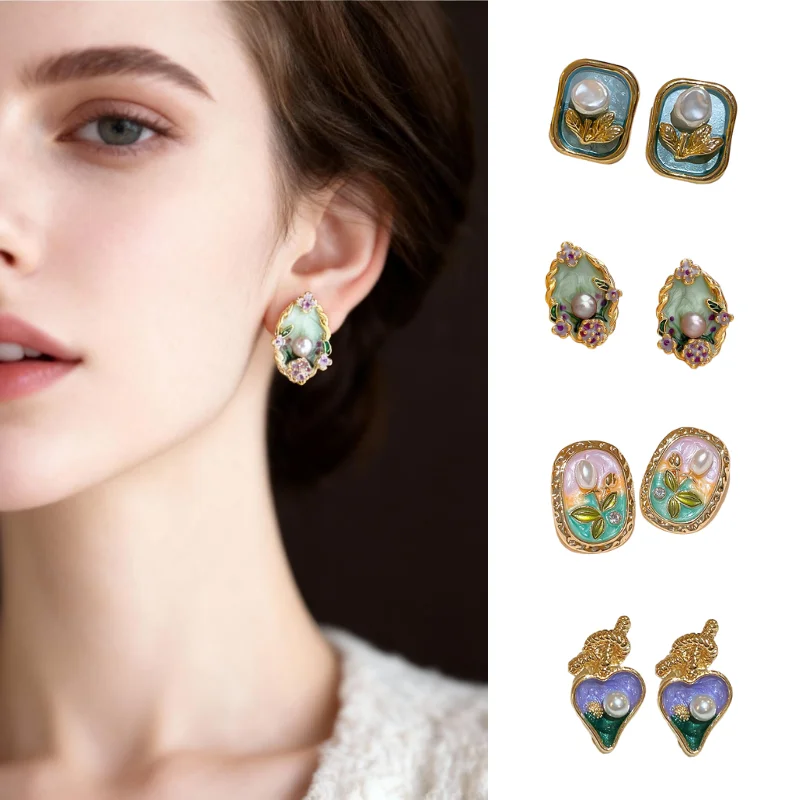 

Oil Painting Vintage Floral Imitation Pearl Stud Earrings Women's Teen Style French Vintage Fashion Earrings Wedding Jewelry