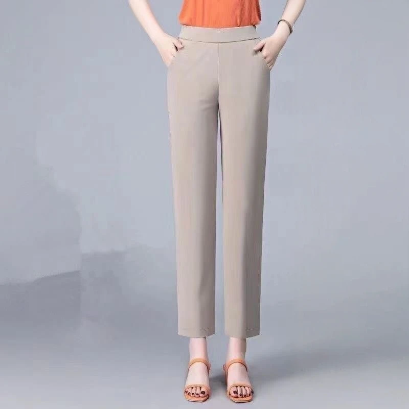 Losse casual broek met hoge taille voor dames, ademende broek met rechte pijpen, elastische middelbare leeftijd en draag lange buitenbroek