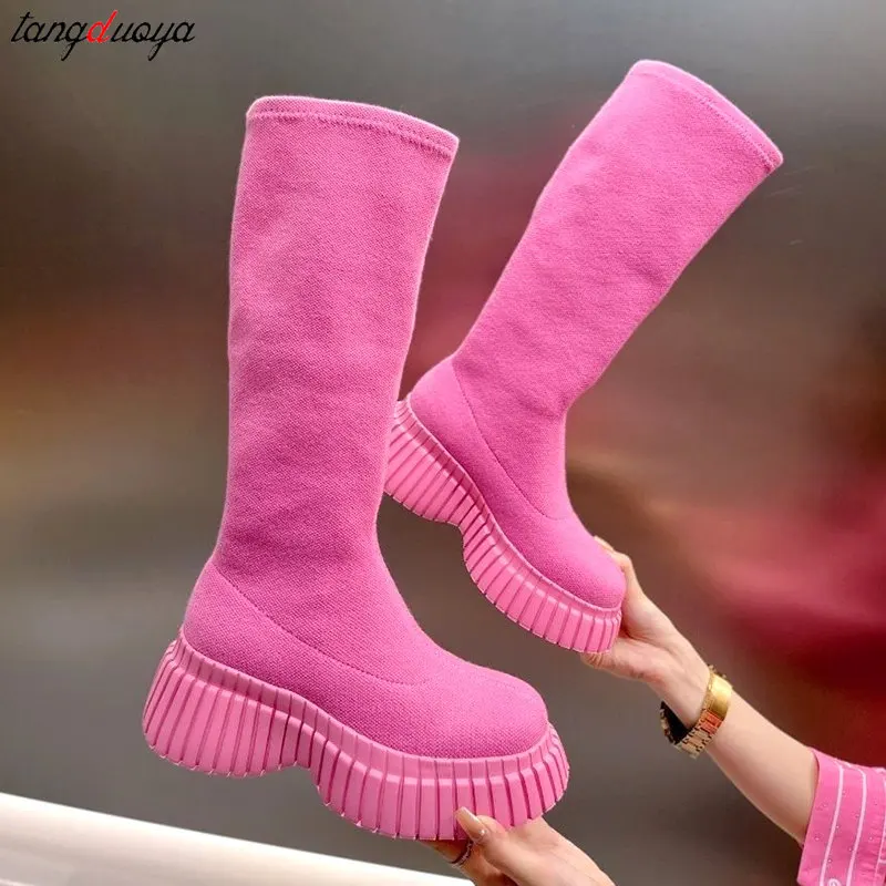 Autumn Winter Women Boots 2024 New Platform Women\'s High Rise Long Boot Comfortable Wedge Ladies Knee Boots Casual Pink Boots