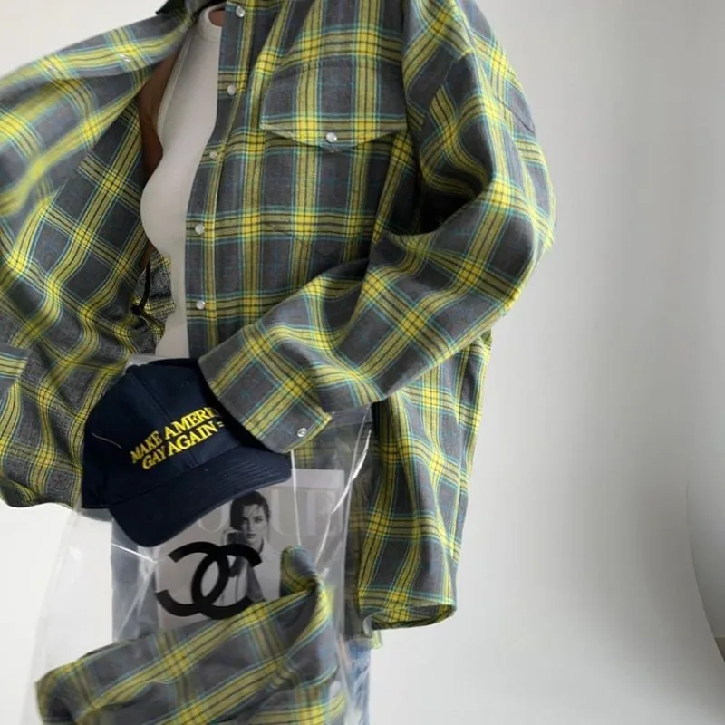 Vintage Plaid Shirt Women Autumn Long Sleeve Loose Fit Blouse Casual Tops with Pocket Retro Style Versatile Lapel Y2K Streetwear