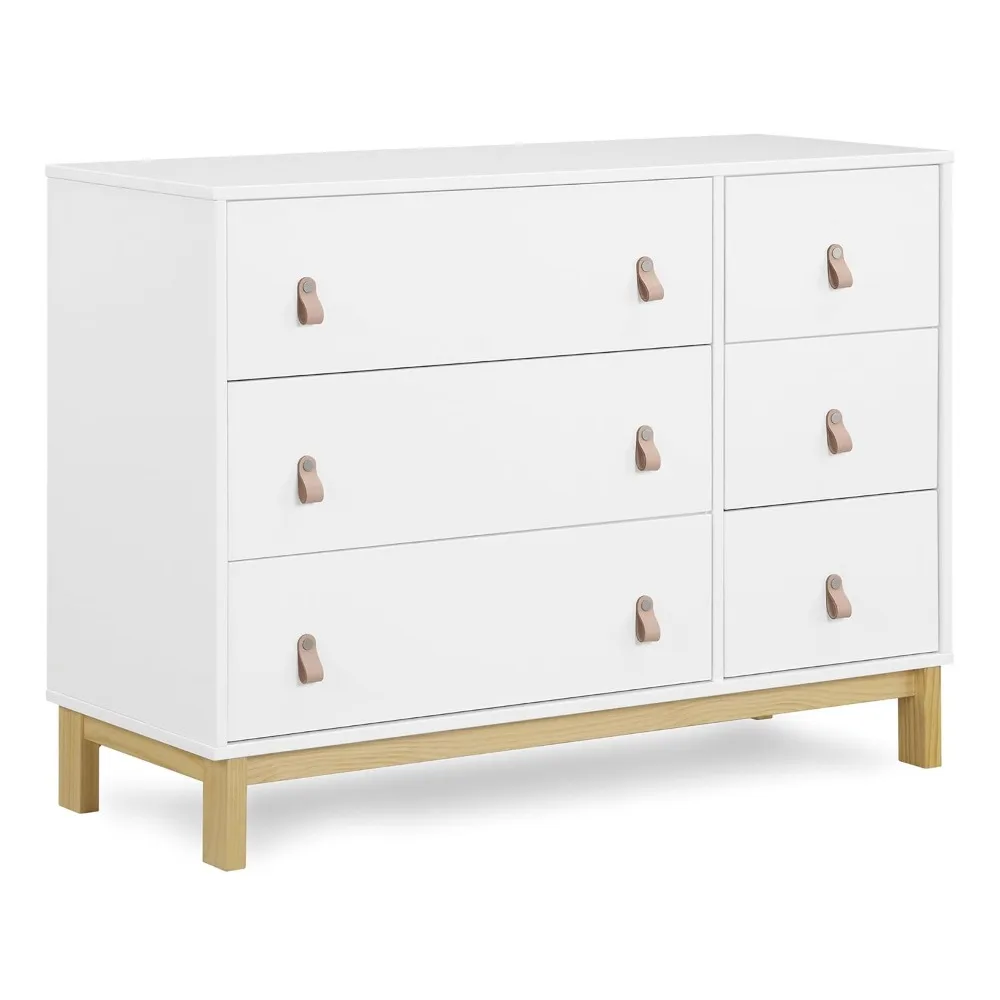 6 Drawer Dresser with Leather Pulls and Interlocking Drawers - Greenguard Gold Certified, Bianca White/Natural