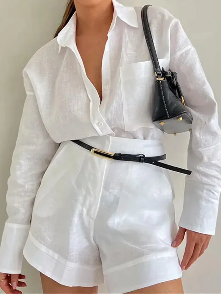 2024 Long-sleeved Shirt Loose Cotton Linen Shirt High-waisted Shorts Summer Suit