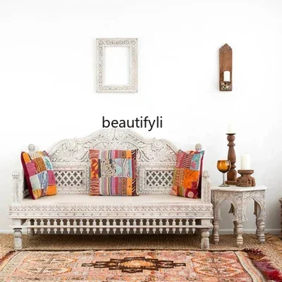 

YH13 Southeast Asian Style Three-Seat Sofa Solid Wood Carving Hollow Log Distressed Arhat Sofa Bed Home