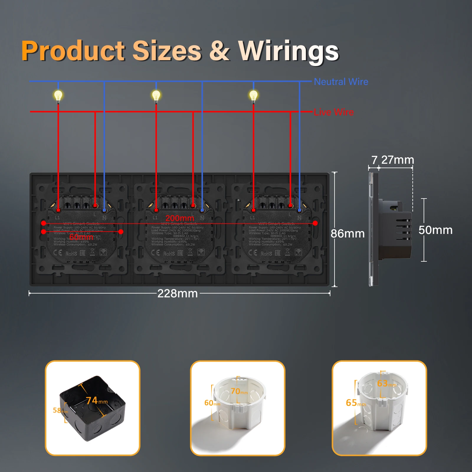BSEED 1/2/3Gang Wifi Light Switches Mechanical Smart Click Buttons 1/2/3Way Tuya Smart Life Alice App Control Glass Frame Black