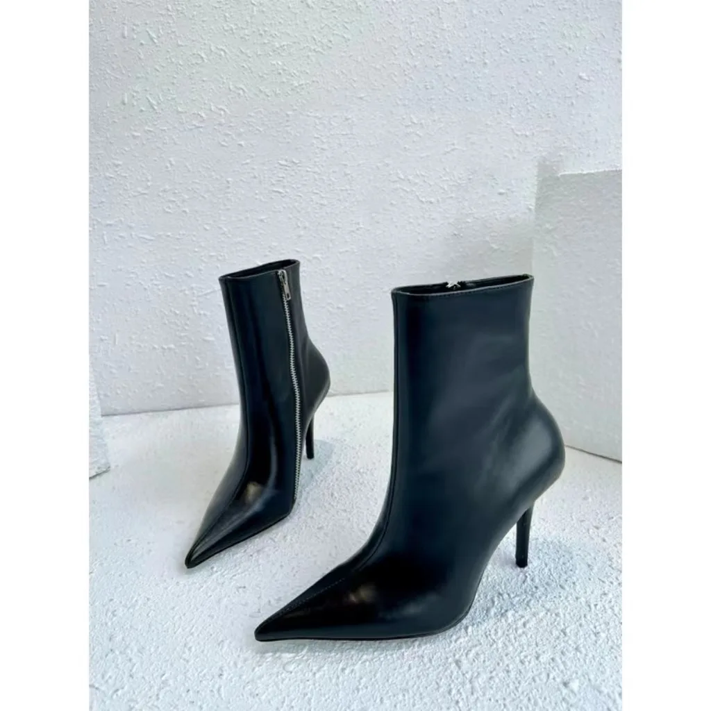 Fall/Winter 2024 New Black Pointed Toe Side Zipper Stiletto Heel Super High Heeled Fashion Boots Plus Size Booties women boots