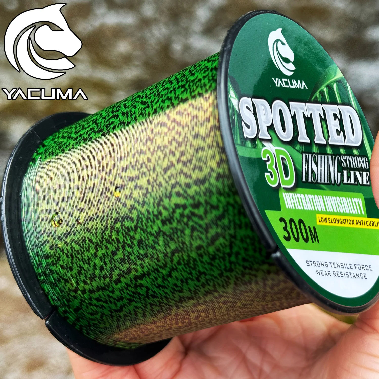 Linha de Pesca YACUMA 300M 500M 3D com Pontos, Revestida com Fluorocarbono, Camuflagem Verde, Linha de Nylon Invisível para Pesca com Mosca e Linha de Afundamento