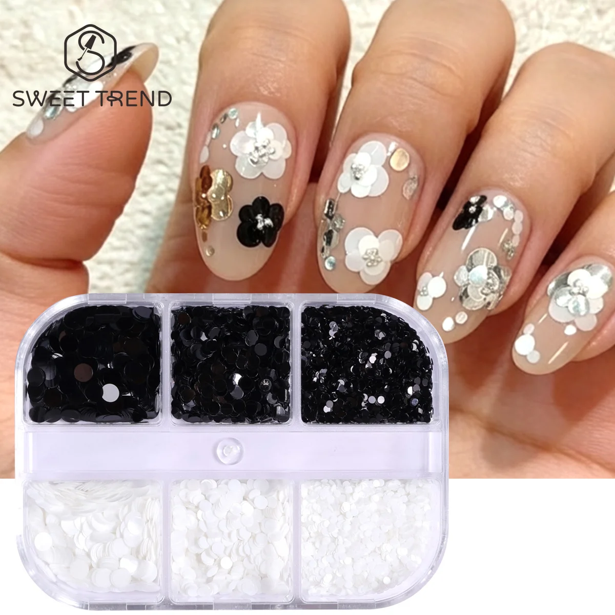 6 Grids Black Whit Polka Dots Nail Glitter Flakes Mixed Size Round Slices Create Flower Pattern Elegant Japanese Manicure Sequin