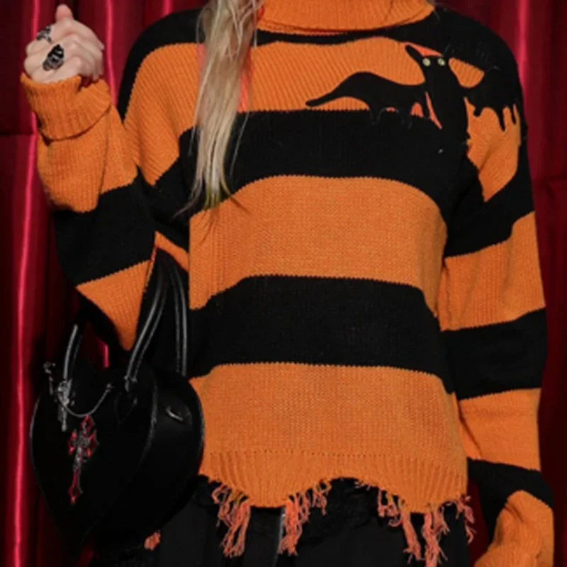 2024 Halloween Bat Embroidery Turtleneck Sweater Loose Vintage Orange Clashing Color Stripe Knit Sweater Women Clothing