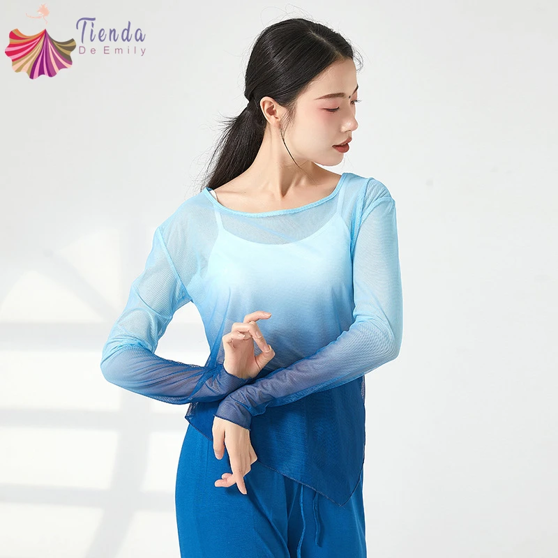 Classical Dance Top Women Long Sleeve Color Gradient Gauze Mesh Blouse Modern Practice Costume Angled Hem Loose Casual Tee Shirt