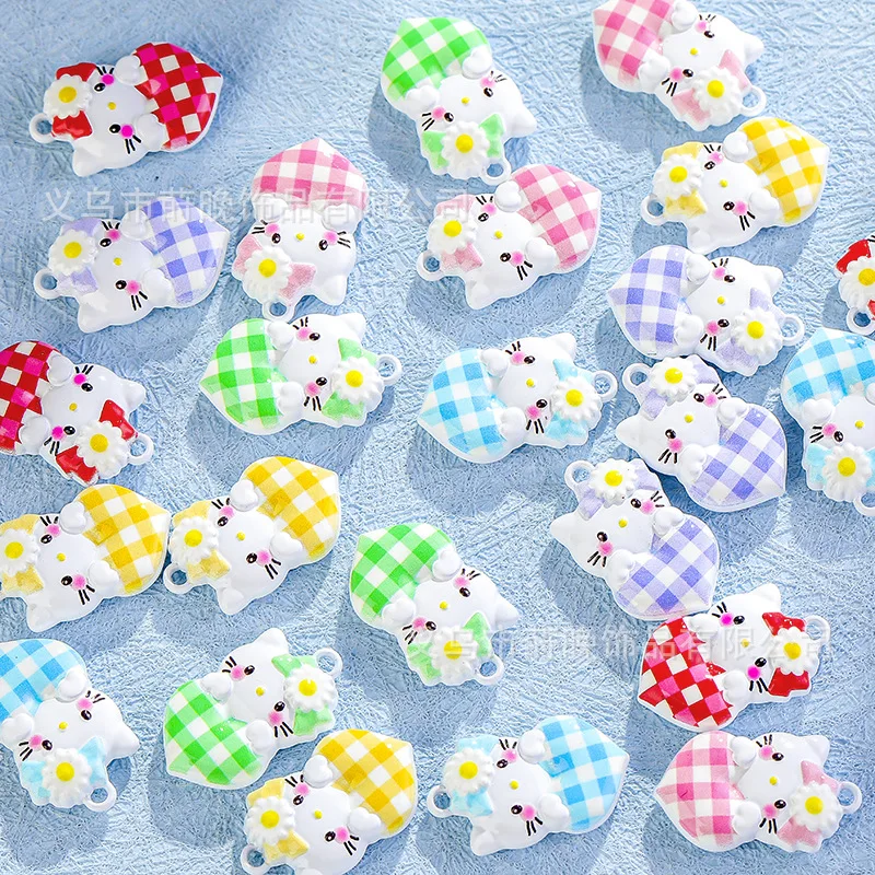 

2pcs Zinc alloy paint cute cartoon love plaid KT cat pendant DIY mobile phone chain keychain bracelet accessories
