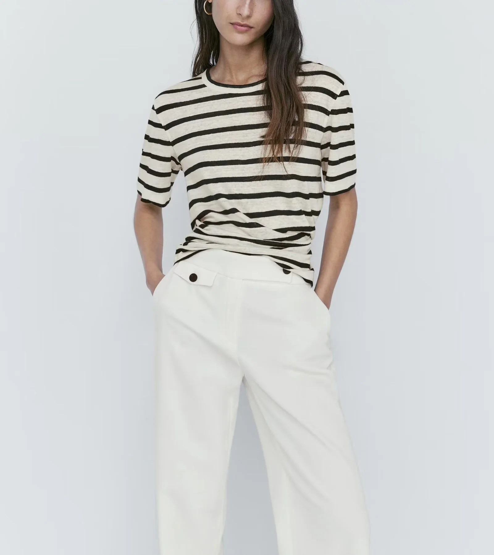 Wygodny Podstawowy Koszulka w Paski z Okrągłym Dekoltem, Krótki Rękaw, Wiosenna Nowość, Uniwersalny, Casualowy, Do Dojazdów do Pracy, Wykonany z Poliestru