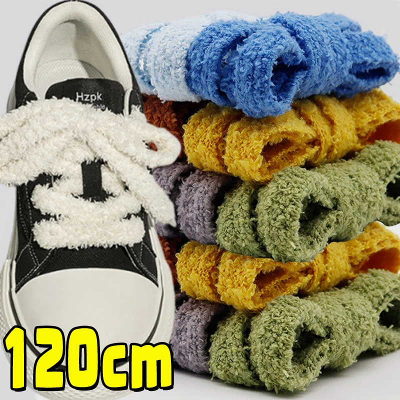 Premium Soft 12mm Big Fat Fluffy Fuzzy Laces Wide Flat Plush Towel Shoelaces Design Perfect for Women Casual Sneakers Best Match