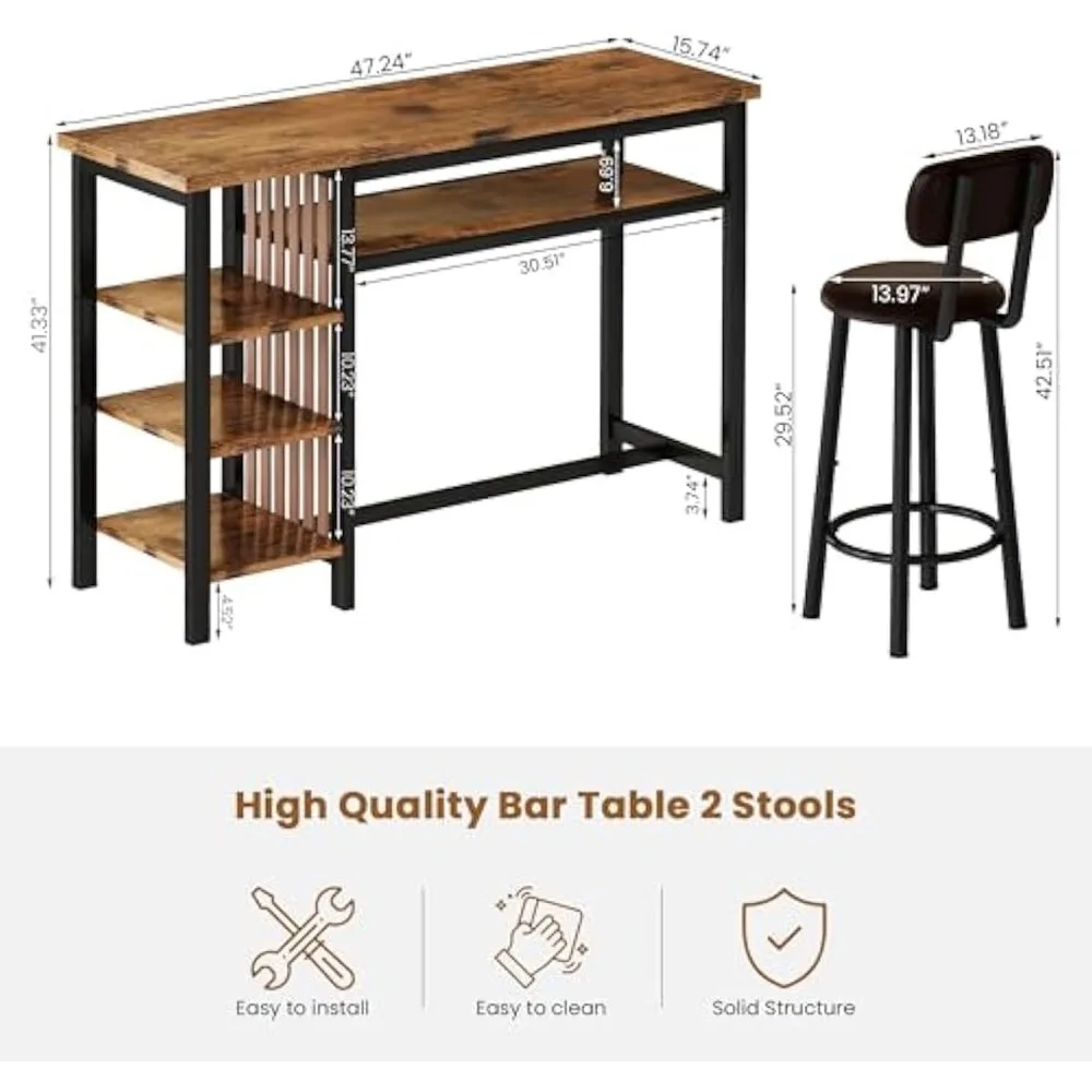 Counter Height Dining Set - Bar Table and 2 Upholstered Stools with Storage Shelves, Kitchen Breakfast Nook Pub Set, Bar Tables