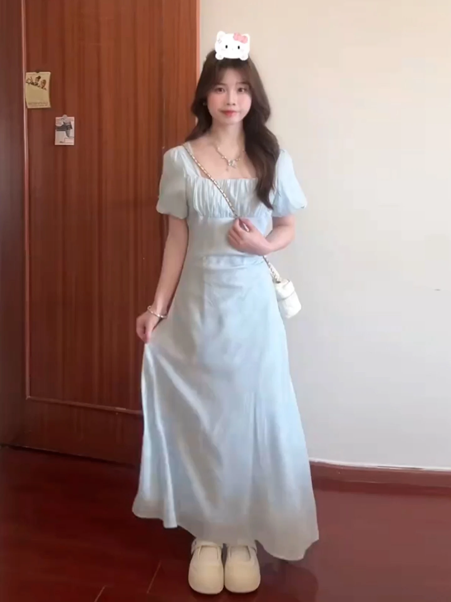 Blue Square Collar ort Sve Dr Women's Summer New Sle High-End Unique Beautiful Long Dr Floral Print A-Line Skirt