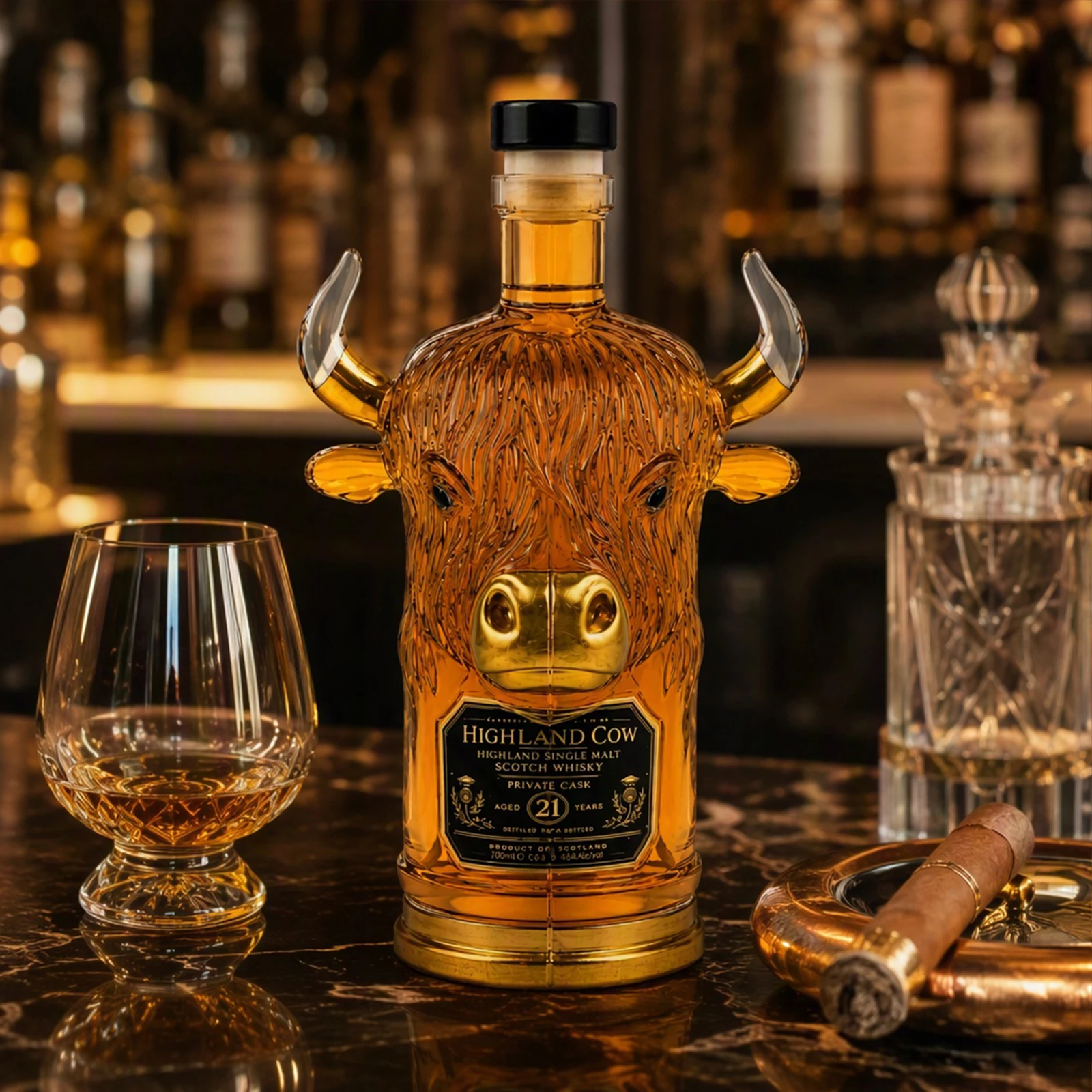 Highland Cow Shaped Glass Whisky Bottle Decorative Decanter Desktop Sculpture