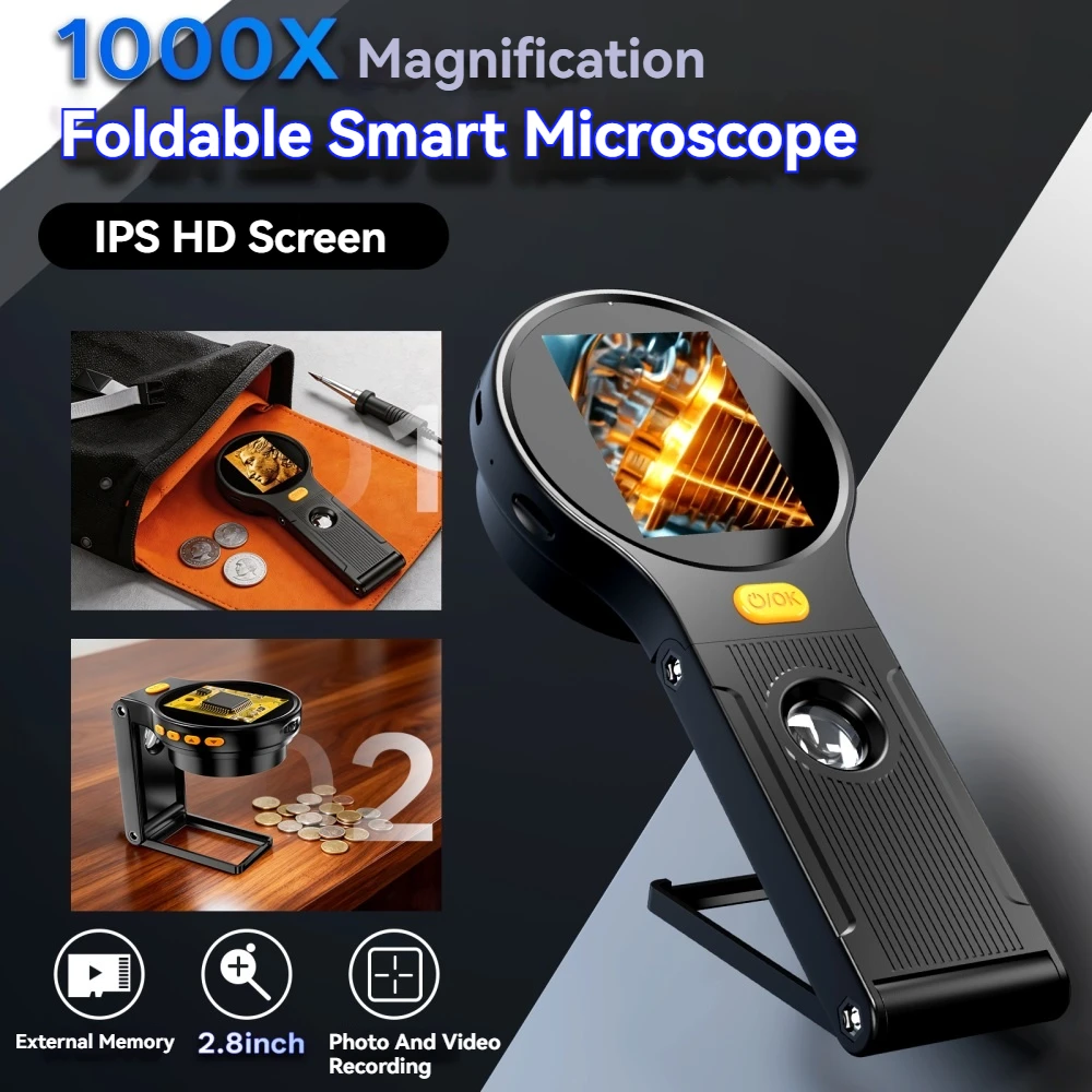 HM028 Multifunctional Foldable Electron Magnifiers Microscope Handheld Digital Magnifying Glass IPS HD Len with 2.8 Inch Screen