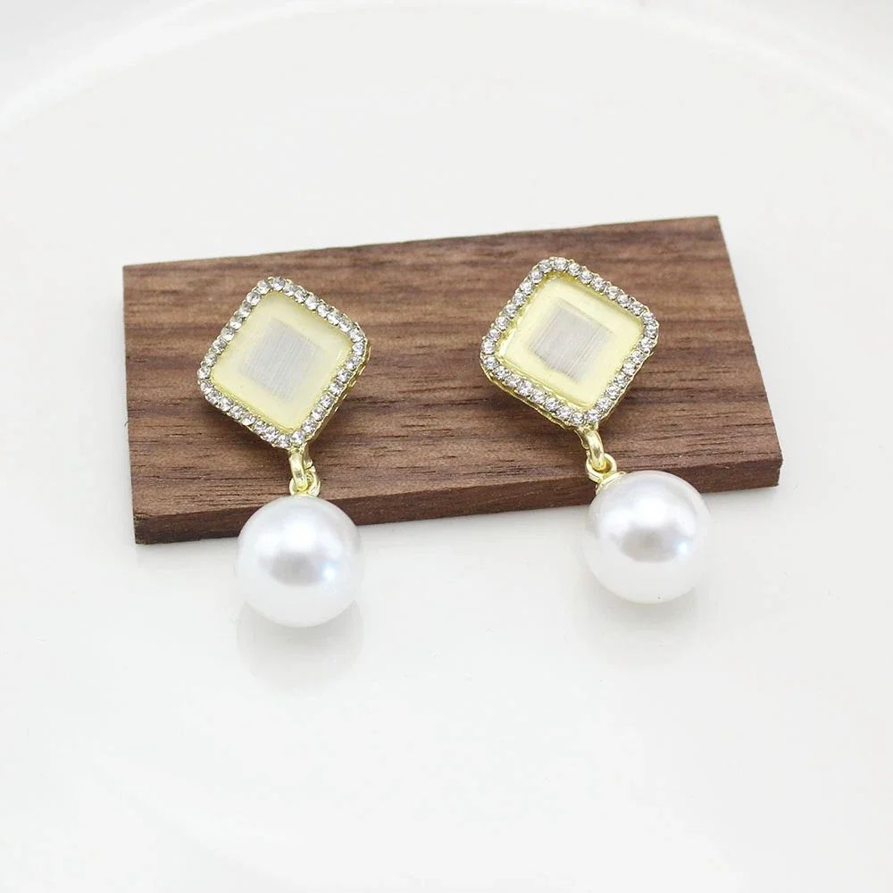 موضة أوبال كريستال ساحة المعين جولة تقليد اللؤلؤ انخفاض القرط للنساء جديد بسيط الهندسة مجوهرات صديقة هدية