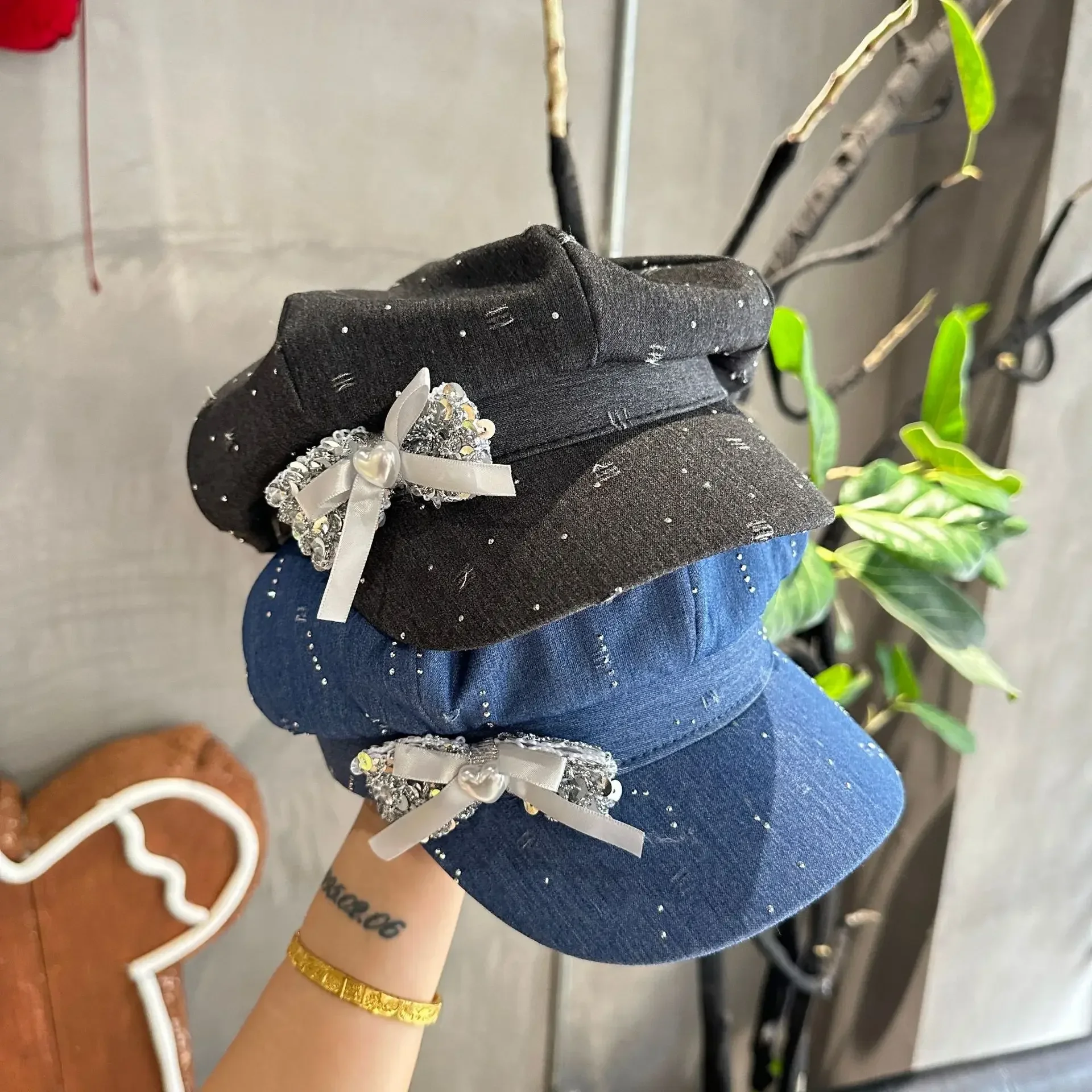 

Luxurious Rhinestone Embellished Heavy Duty Butterfly Knot Octagonal Hat Women's Spring Summer Unique Vintage Denim Beret Cap