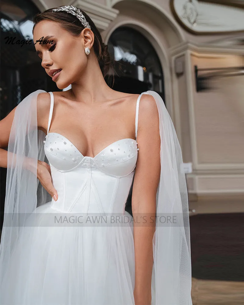 Magic Awn Vintage Wedding Dresses White Tulle Spaghetti Straps Pearls Beaded Ankle Length Wedding Party Gowns For Women A-Line