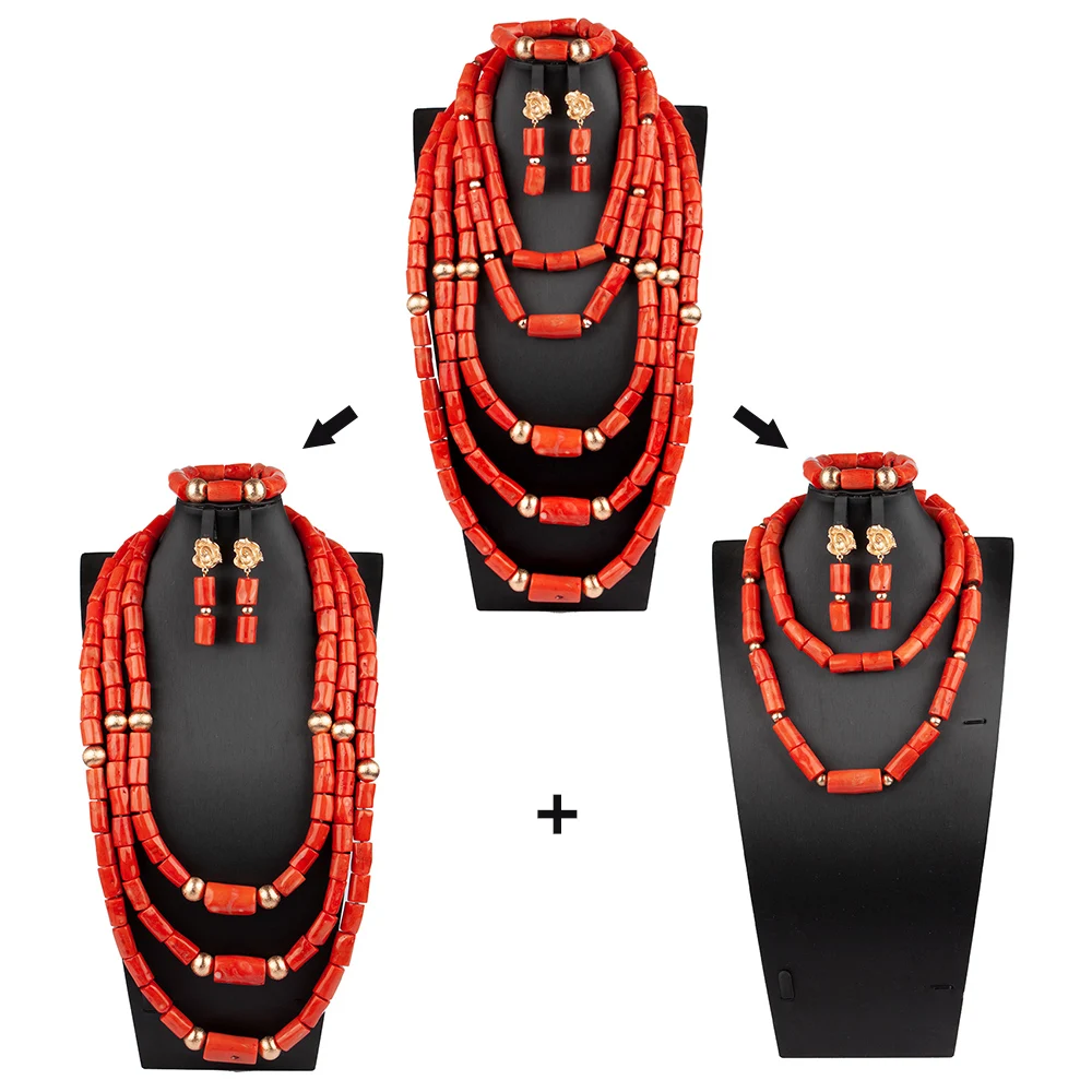 Luxury Dubai Gold Bridal Jewelry Set Natural Real Coral African Beads Wedding Five Layers Jewelry Set ABS173