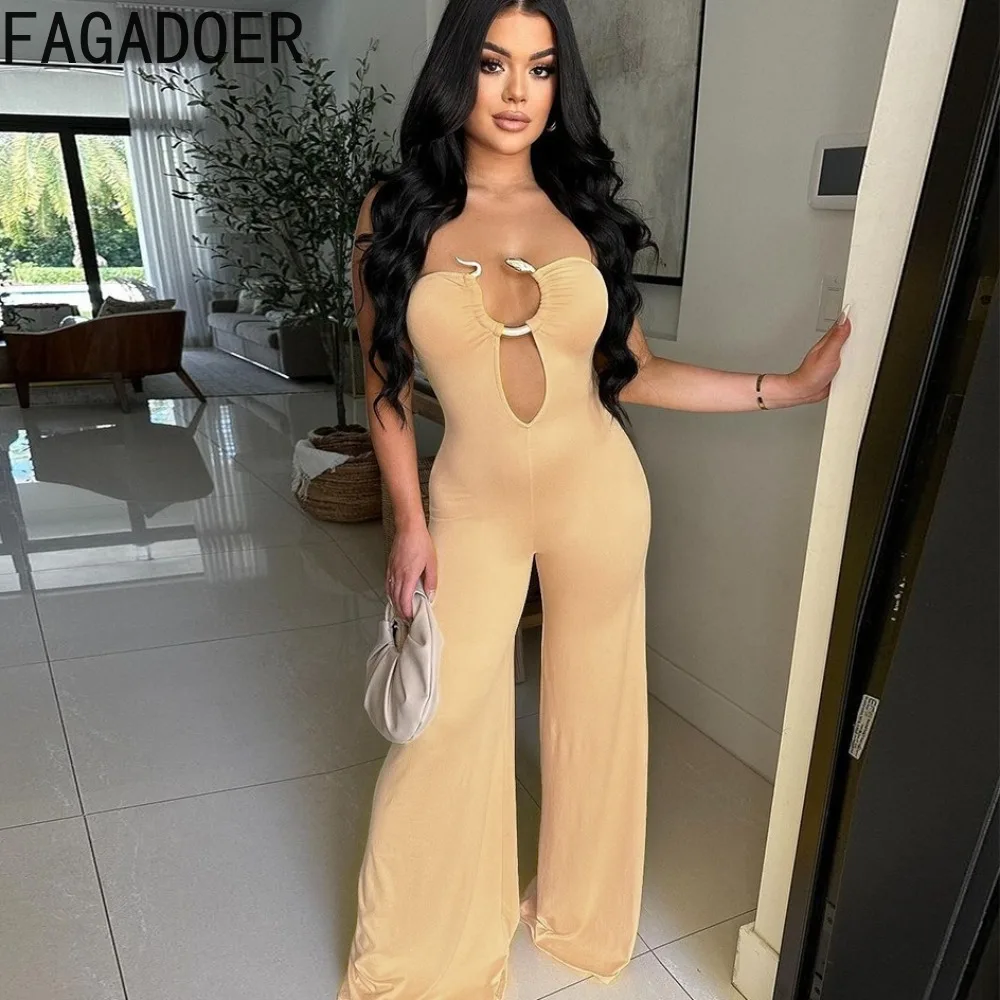 FAGADOER Apricot Elegant Lady Hollow Sleeveless Straight Jumpsuits Women Off Shoulder Backless Playsuit Female One Piece Overall