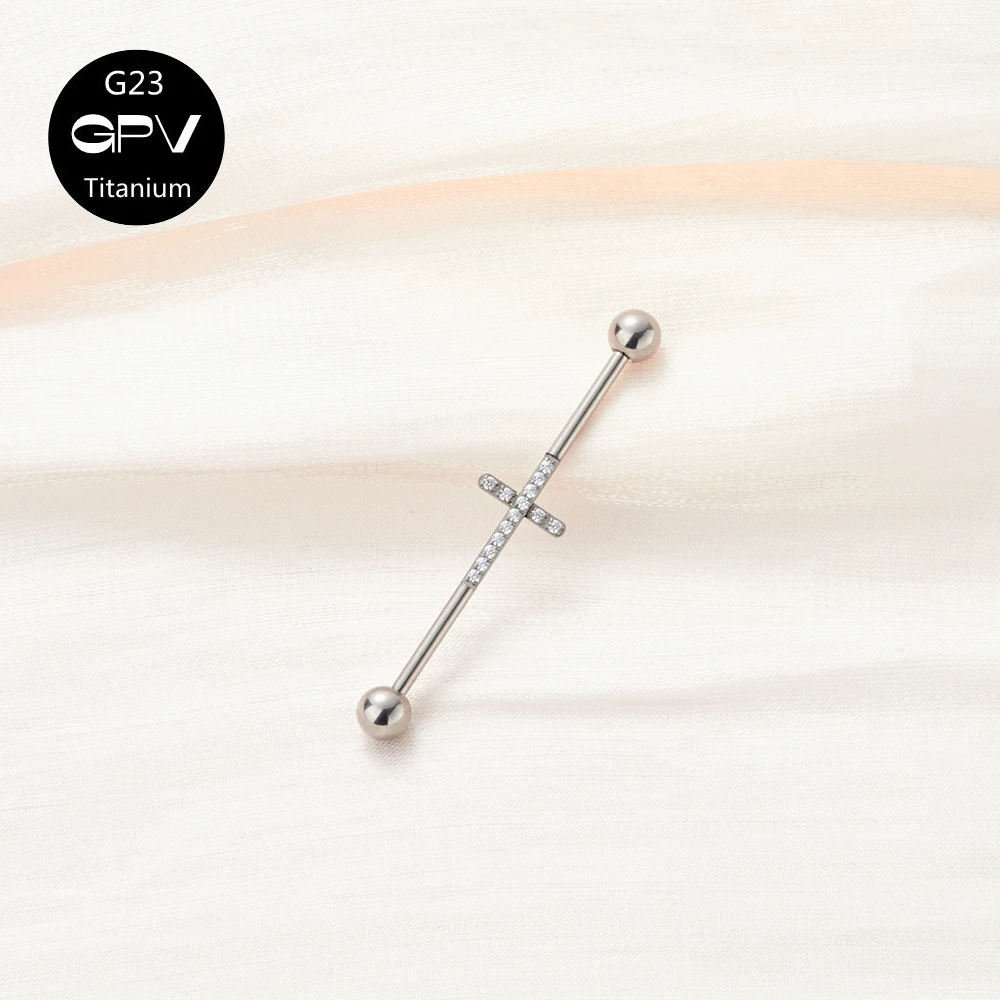 G23 Titanium Ear Bone Nail 38mm Two Ear Holes Connected Piercing Jewelry Zircon Cross Ear Nail Ear Bridge Rod