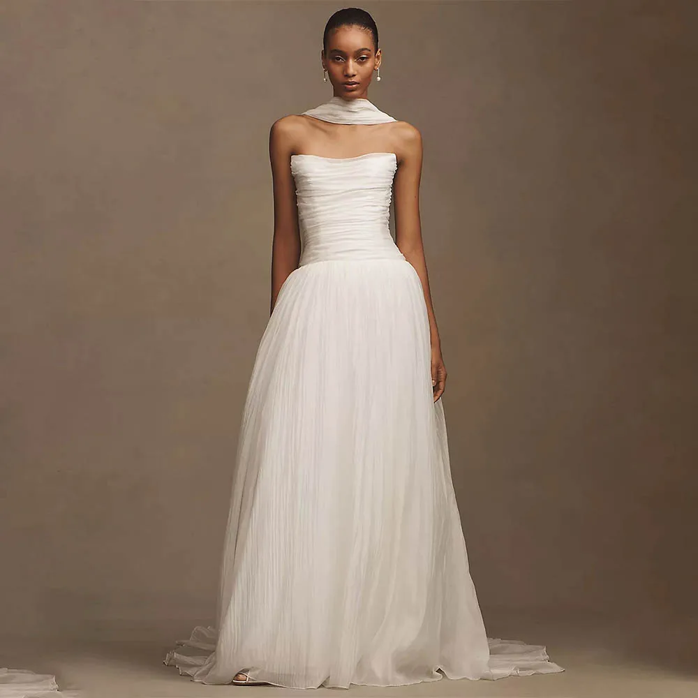 

Custom Made Pleat Strapless Bridal Grown A Line Wedding Dresses With Scalf CUstom Made 2026 Vestido De Noival