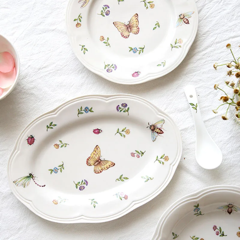 Vintage Gilt Garden Butterfly Ceramic Dinner Plate, Rice Salad Soup Bowl, Dessert Plate Spoon, Korean Dinnerware Set, Crockery