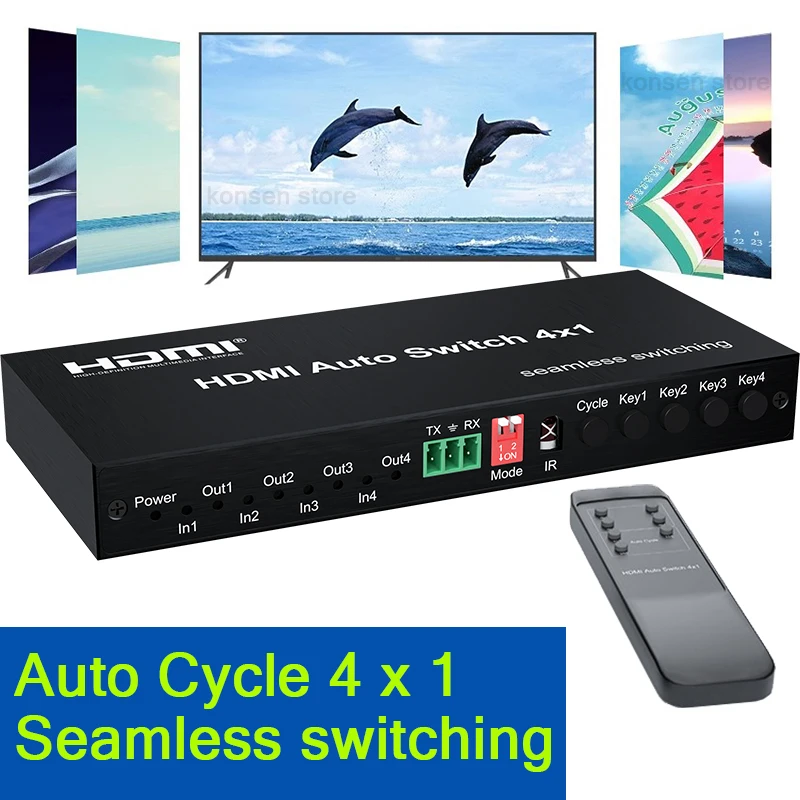 

1080P HDMI Auto Switch 4 in 1 out HDMI Cycle Seamless Switching Selector 4x1 with 10/15/20 Seconds Cycle Play for TV PC Monitor