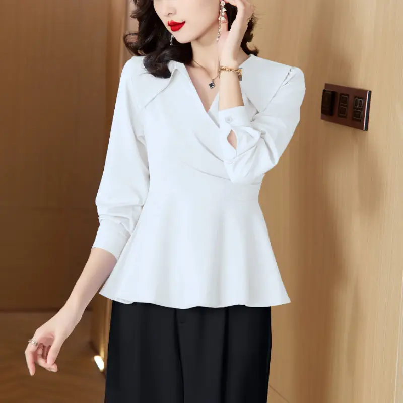 Womens Clothing Korean V Neck Ruched Elegant Blouses Autumn Office Lady Slim Shirts Solid Long Sleeve Tops Blusa Mujer Moda 2023