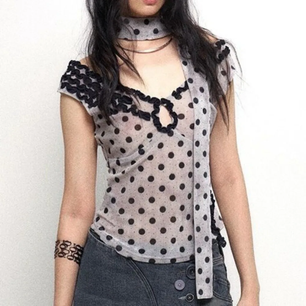 

Panelled Sweet Slim Student Tanks Prepppy All-match Polka Dot Velvet American Spice Girl T-shirt Scarf Y2K Goth Fresh Top