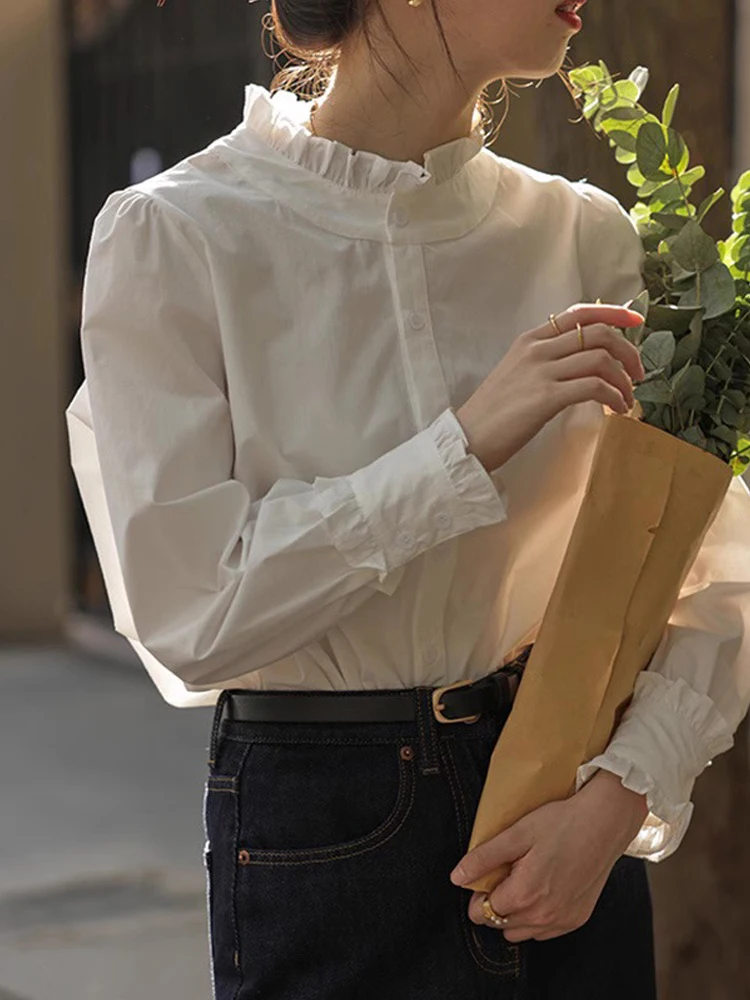 

White Shirt Women's Spring Autumn Retro Hong Style Long Sleeve Inner Wear Sweet Anti-Aging Wooden Ear Stand Collar Layer...