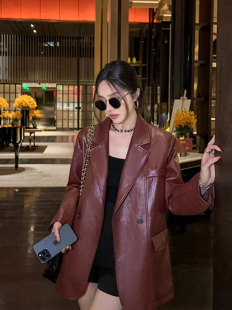 

Vintage Burgundy Pu Leather Jacket Women Fashion Turn Down Collar Pocket Coat Autumn 2025 New Casual Chic Streetwear Outerwear