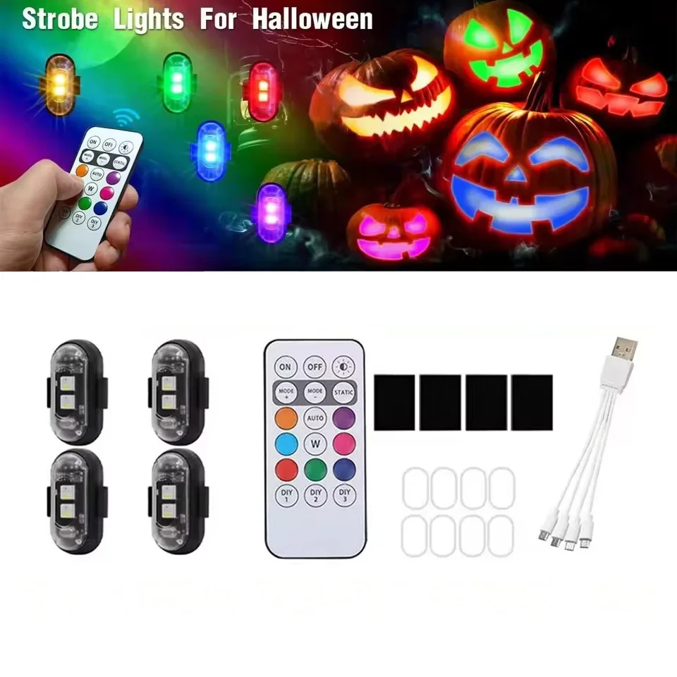 Halloween Decoration Light Wireless Remote Control RGB Strobe Light Waterproof Flashing Warning Light for Motorcycle Car Drone