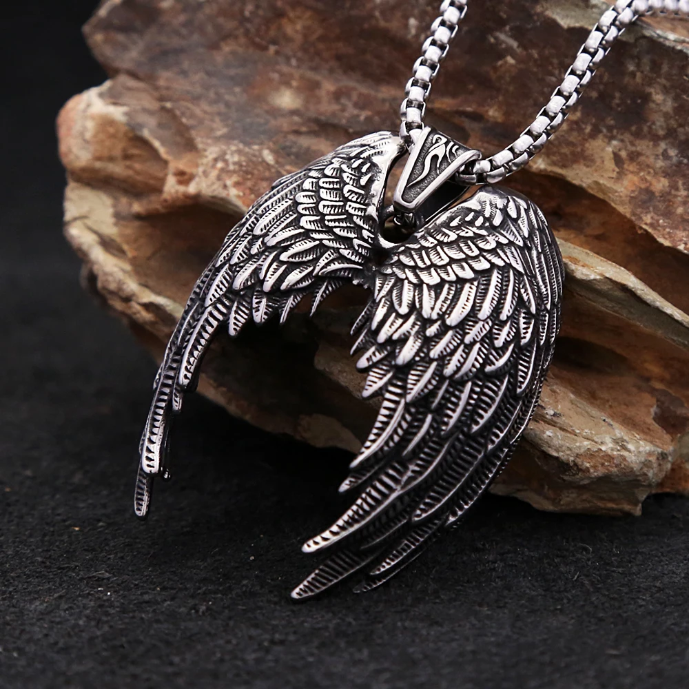 Large Size Men's Stainless Steel Angel Wings Pendant Necklace Punk Biker Vintage Amulet Necklaces Fashion Jewelry Dropshipping