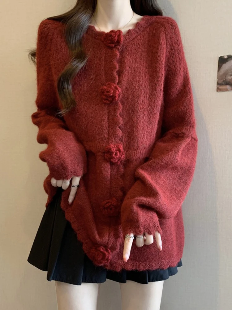 

Женский вязаный кардиган средней длины с 3D цветочным узором для осени и зимы, большие размеры, комфортный