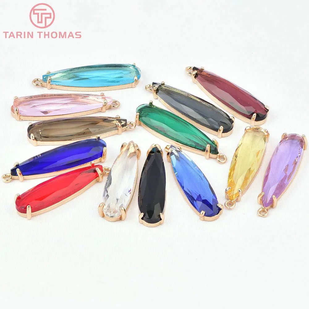 (8397) 6PCS 8x32.5MM 24K Gold Color Brass with Glass Long Water Droplet Shaped Pendants High Quality DIY Jewelry Making Findings