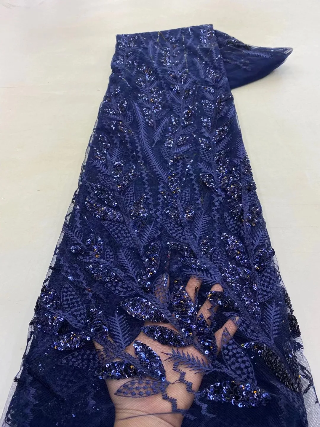 

Hot Sale Navy Blue African Net Sequin Lace Fabric High Quality Lace Nigerian French Tulle Mesh Lace Fabric For Bridal Material