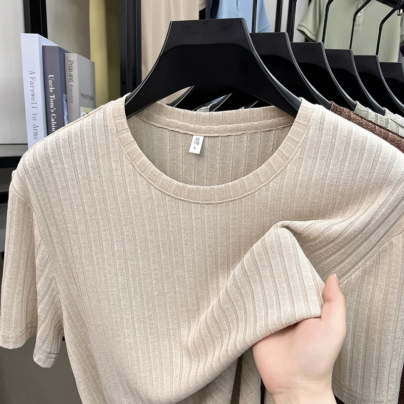 Herren Gestricktes Geripptes Gestreiftes T-Shirt Kurzarm O-Ausschnitt Atmungsaktiver Komfortabler Stoff Sommer Lässig Geschäftlich Tägliche Kleidung – Detail 4