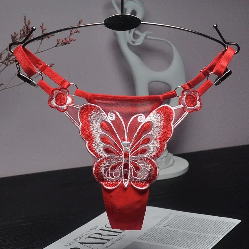 String Sexy en dentelle pour femmes, culotte taille basse papillon, cordes G, slip en maille transparente, taille réglable