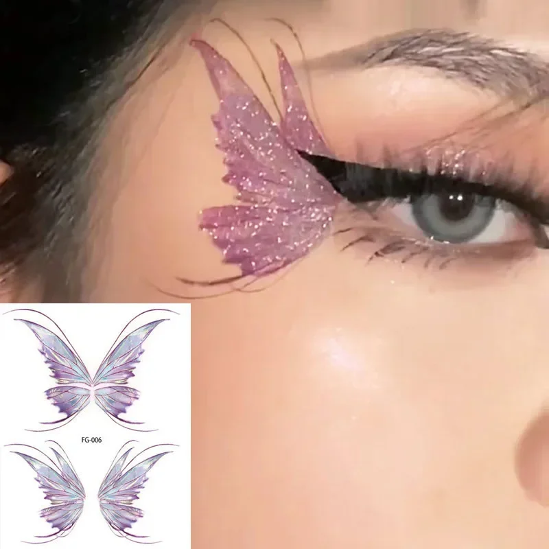 Pegatina de tatuaje brillante de alas de mariposa de hadas para mujer, ojos impermeables, cara, mano, arte corporal, tatuajes falsos, maquillaje,