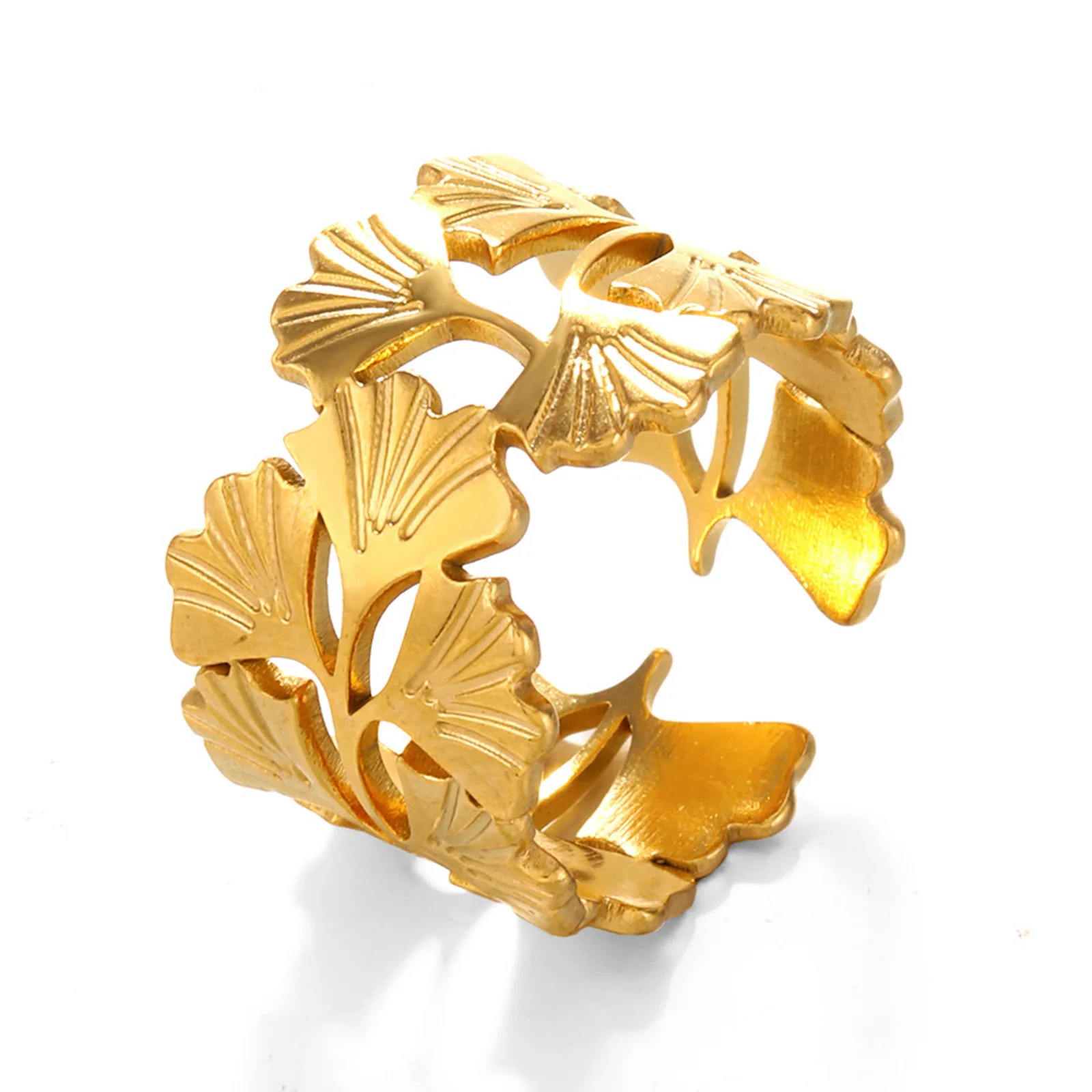 1 Piece Fashion Open Leaf Rings For Men Women Jewelry 304 Stainless Steel Ins Style Gold Color Gingko Leaf Rings Party Accessory