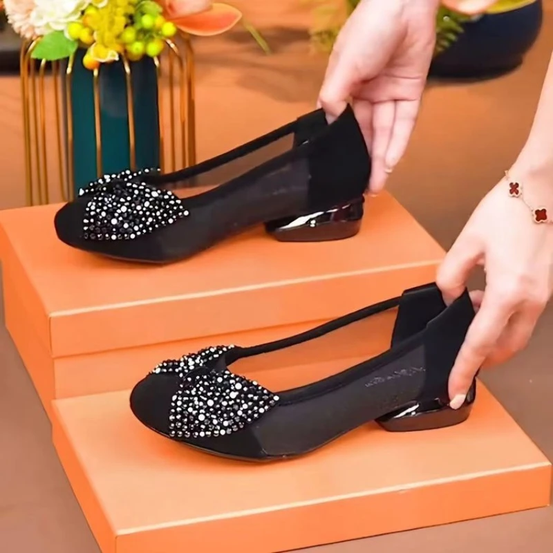 Women's Bow Low Heel Shoes Summer Rhinestone Pointed Head Mesh Breathable Sandals Non-slip Lightweight Slip on Loafers image 6