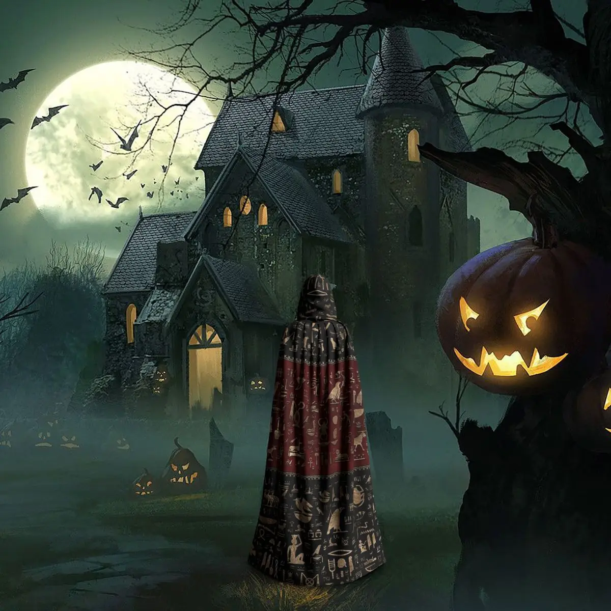 الهيروغليفية المصرية القديمة عباءة طويلة مقنعين الساحرة القرون الوسطى زي تأثيري كيب حفلة الهالوين الكبار للجنسين