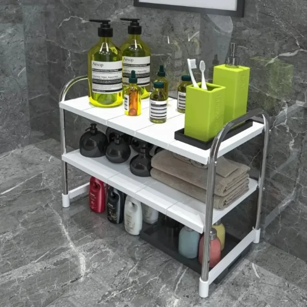 

2 Tier Kitchen Under Sink Rack Multi-Purpose Pot Storage Rack Stainless Steel Telescopic Storage Shelf Bathroom Organizer