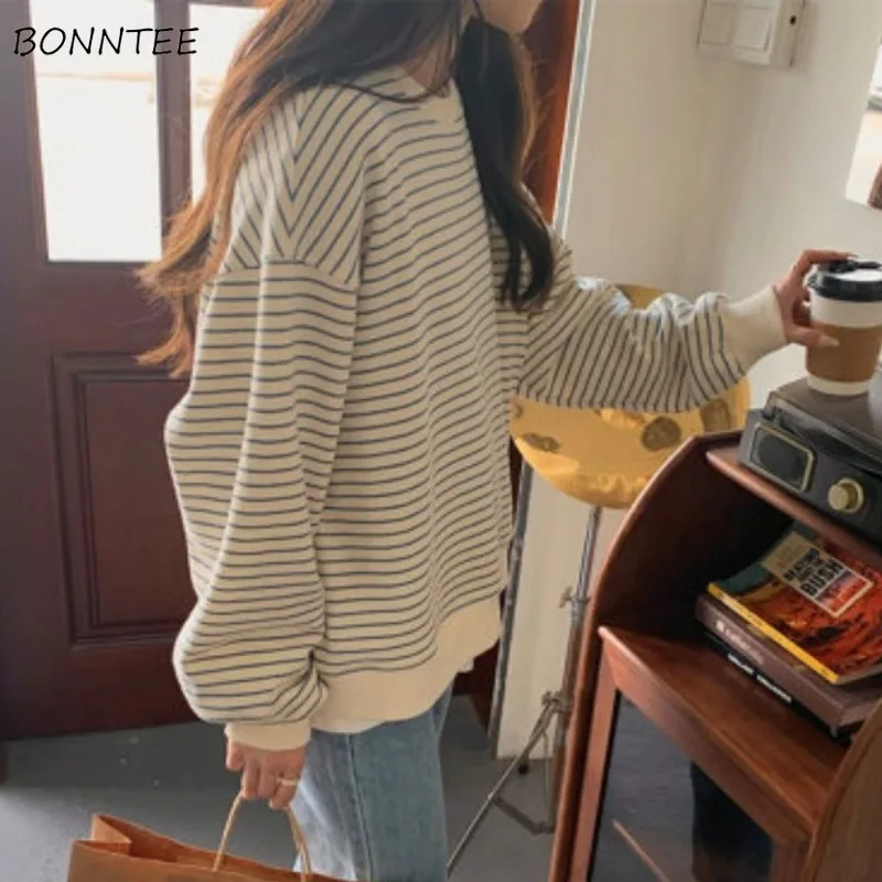 

Sweatshirts Women Striped Ulzzang Classic Literary Sweet O-neck Gentle Students All-match Harajuku Leisure Autumn Daily