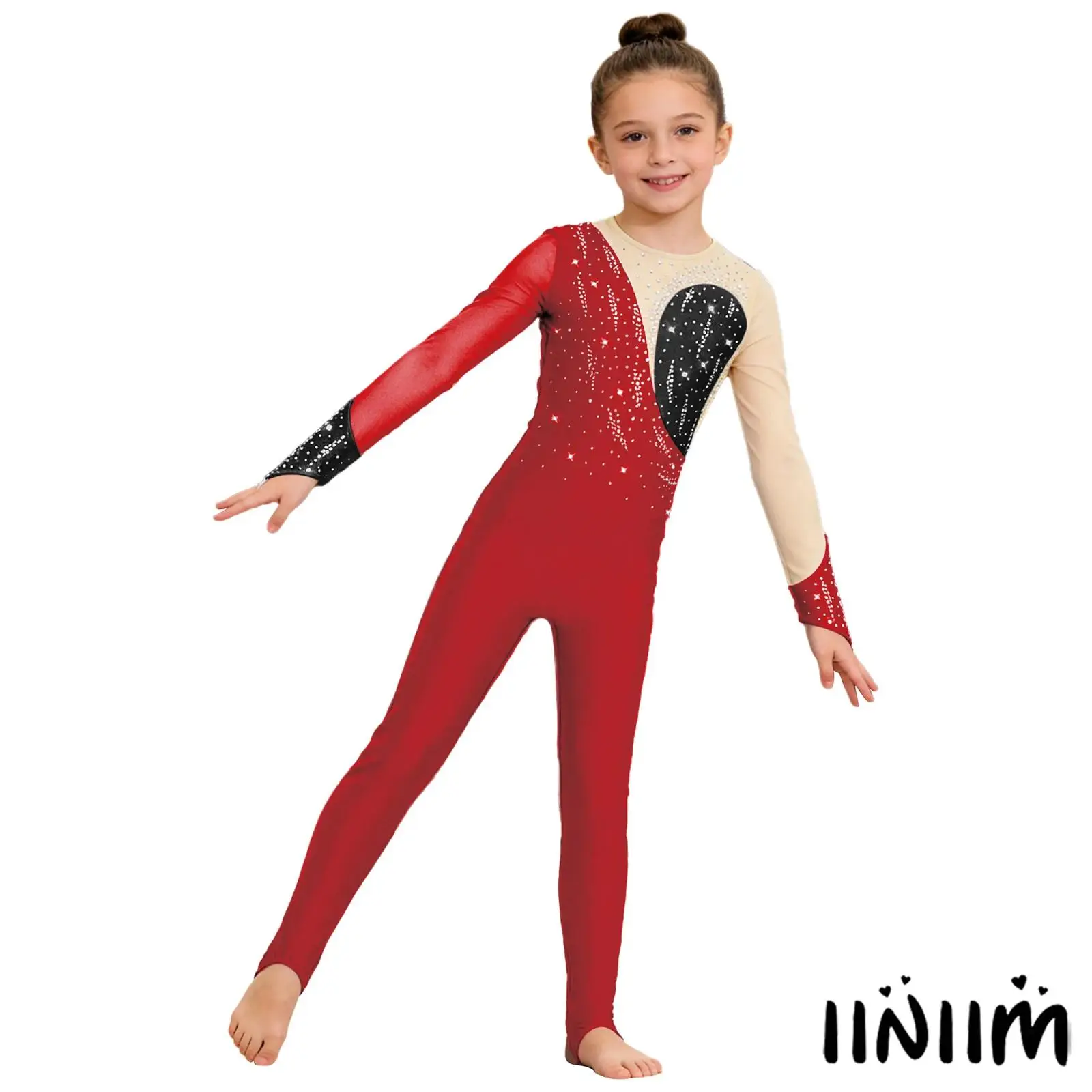 

Girls Gymnastics Dance Jumpsuit Long Sleeves Finger Holes Keyhole Back Mesh Patchwork Shiny Rhinestones Stirrup Style Bodysuit