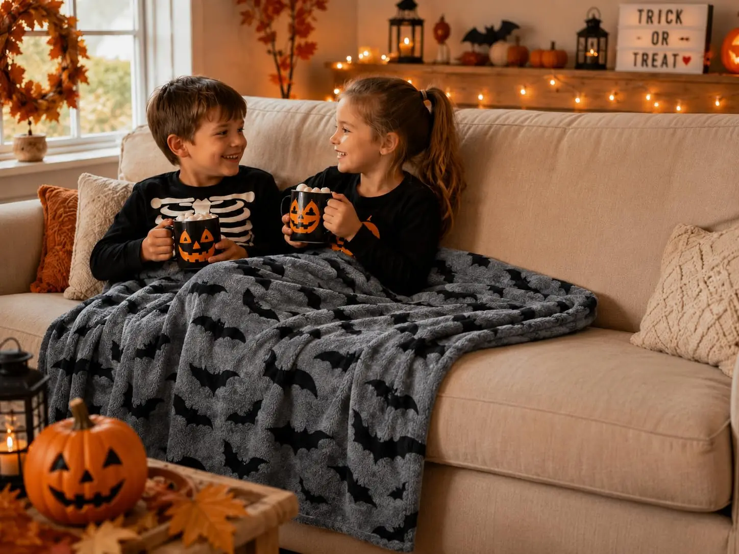 Halloween Fleece Throw Blanket, Black Bats on Gray, 50
